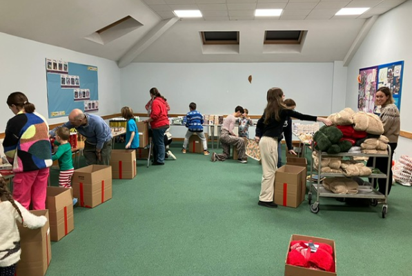 The Santa's Hampers team packing boxes